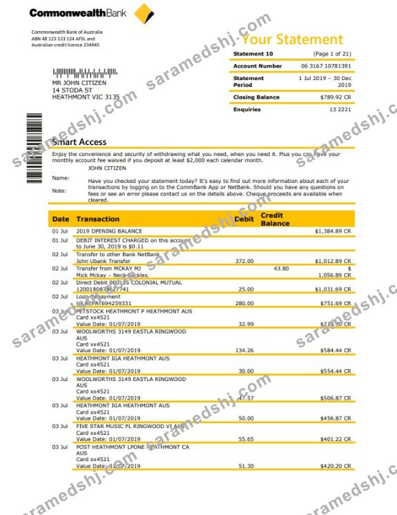 Australia Commonwealth bank statement template in Word and PDF format, good for address prove